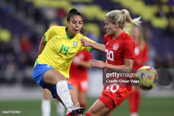 Lauren Eduarda Leal Costa of Brazil kicks the ball during a 2023 SheBelieves Cup match between Brazil v Canada at GEODIS Park on February 19, 2023 in...