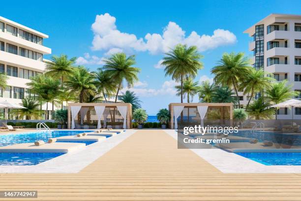 tourist resort in the summer - beach pavilion stock pictures, royalty-free photos & images