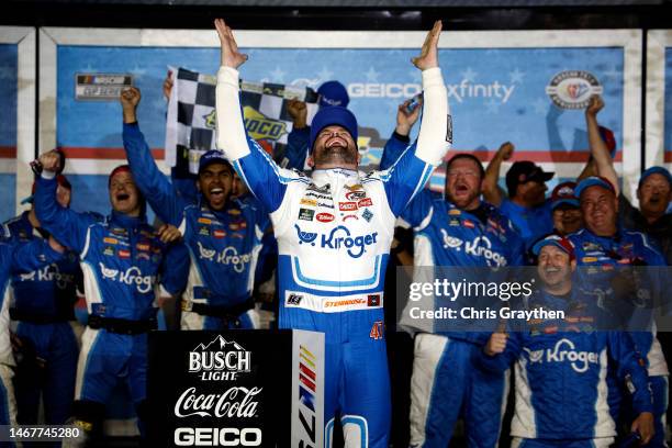 Ricky Stenhouse Jr., driver of the Kroger/Cottonelle Chevrolet, celebrates in victory lane after winning the NASCAR Cup Series 65th Annual Daytona...