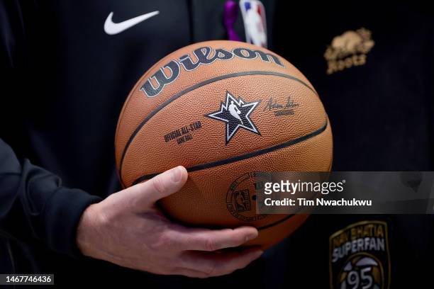 The official Wilson All-Star game ball is seen prior to the 2023 NBA All Star Game between Team Giannis and Team LeBron at Vivint Arena on February...