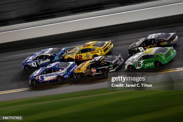 Ricky Stenhouse Jr., driver of the Kroger/Cottonelle Chevrolet, Kyle Larson, driver of the HendrickCars.com Chevrolet, Joey Logano, driver of the...