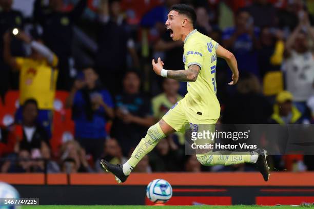 Leonardo Suarez of America celebrates after scoring the team's first goal during the 8th round match between Puebla and Cruz Azul as part of the...