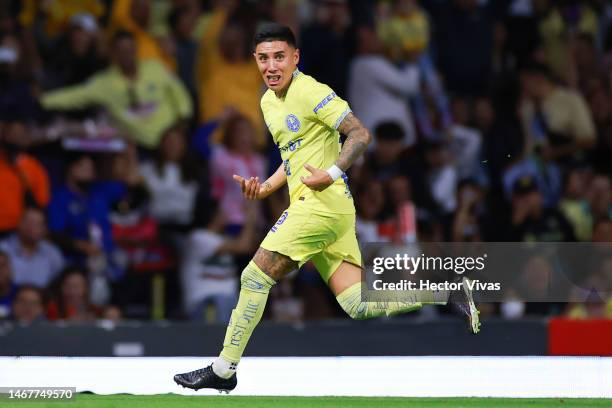 Leonardo Suarez of America celebrates after scoring the team's first goal during the 8th round match between Puebla and Cruz Azul as part of the...