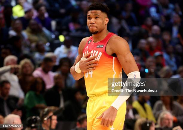 Giannis Antetokounmpo of the Milwaukee Bucks during the first quarter in the 2023 NBA All Star Game between Team Giannis and Team LeBron at Vivint...