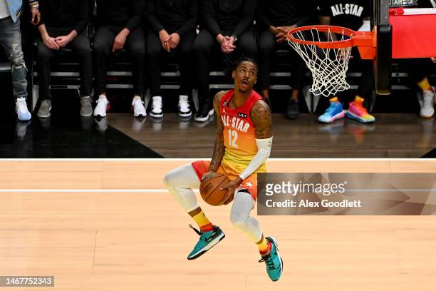 Ja Morant of the Memphis Grizzlies goes up for a dunk during the first quarter in the 2023 NBA All Star Game between Team Giannis and Team LeBron at...