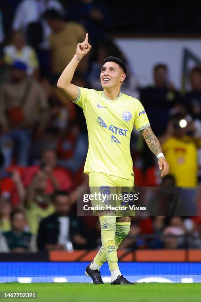 Leonardo Suarez of America celebrates after scoring the team's first goal during the 8th round match between Puebla and Cruz Azul as part of the...