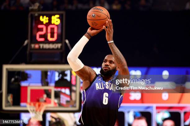 LeBron James of the Los Angeles Lakers shoots during the first quarter in the 2023 NBA All Star Game between Team Giannis and Team LeBron at Vivint...