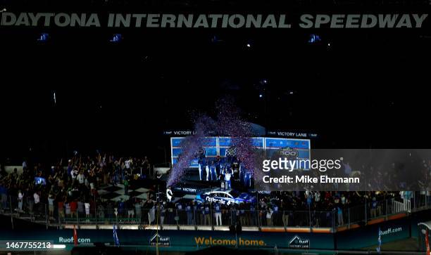 Ricky Stenhouse Jr., driver of the Kroger/Cottonelle Chevrolet, celebrates in victory lane after winning the NASCAR Cup Series 65th Annual Daytona...
