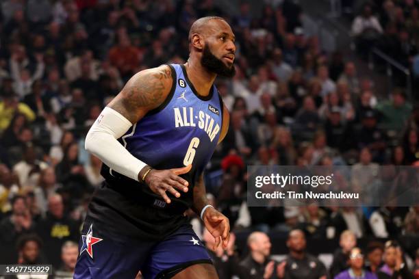 LeBron James of the Los Angeles Lakers during the first quarter in the 2023 NBA All Star Game between Team Giannis and Team LeBron at Vivint Arena on...