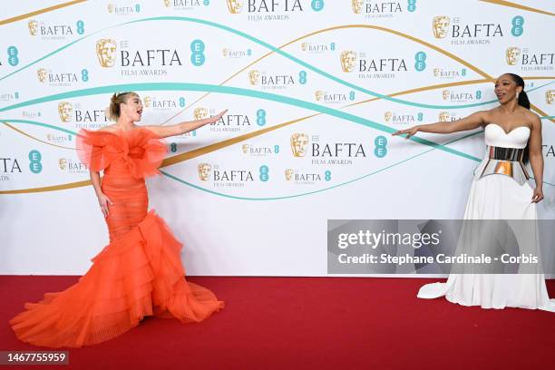 Florence Pugh and Naomi Ackie attend the EE BAFTA Film Awards 2023 at The Royal Festival Hall on February 19, 2023 in London, England.