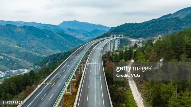 Aerial view of Tongzi Tunnel, an extralong highway tunnel, on February 16, 2023 in Zunyi, Guizhou Province of China.