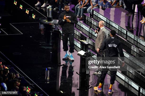 LeBron James of the Los Angeles Lakers and Giannis Antetokounmpo of the Milwaukee Bucks get ready to draft prior to the 2023 NBA All Star Game...