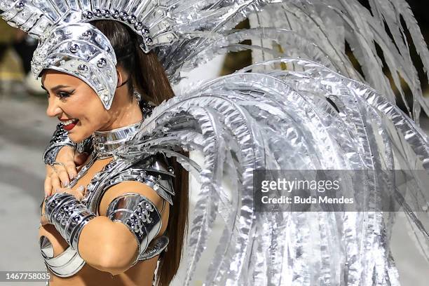 Paola Oliveira, Queen of Percussion of Unidos da Tijuca samba school, performs during 2023 Carnival parades at Marquês de Sapucaí Sambodrome on...