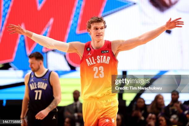 Lauri Markkanen of the Utah Jazz reacts during the first half in the 2023 NBA All Star Game between Team Giannis and Team LeBron at Vivint Arena on...