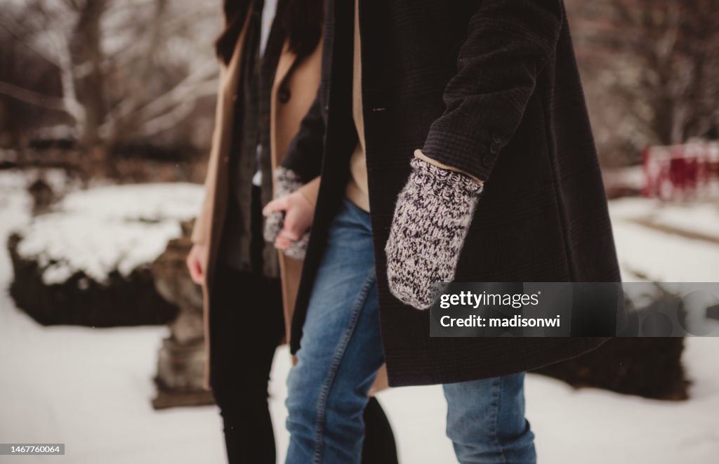 Pareja dando un paseo por la nieve