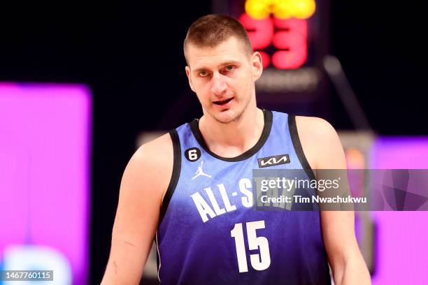 Nikola Jokic of the Denver Nuggets reacts during the first half in the 2023 NBA All Star Game between Team Giannis and Team LeBron at Vivint Arena on...