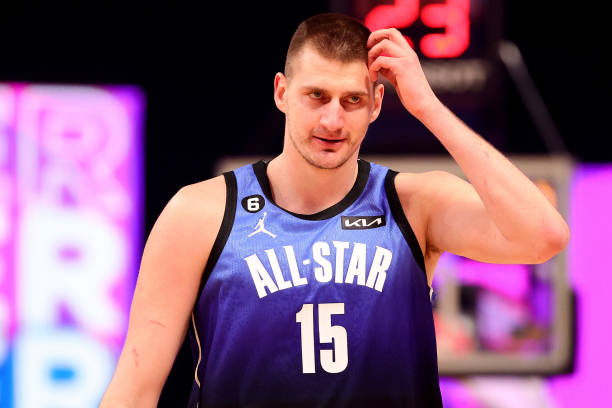 Nikola Jokic of the Denver Nuggets reacts during the first half in the 2023 NBA All Star Game between Team Giannis and Team LeBron at Vivint Arena on...