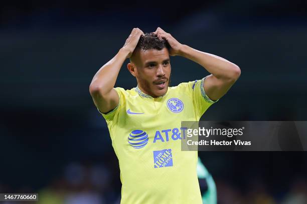 Jonathan Dos Santos of America reacts during the 8th round match between Puebla and Cruz Azul as part of the Torneo Clausura 2023 Liga MX at Azteca...