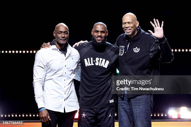Karl Malone, LeBron James and Kareem Abdul-Jabbar are honored at halftime during the 2023 NBA All Star Game between Team Giannis and Team LeBron at...