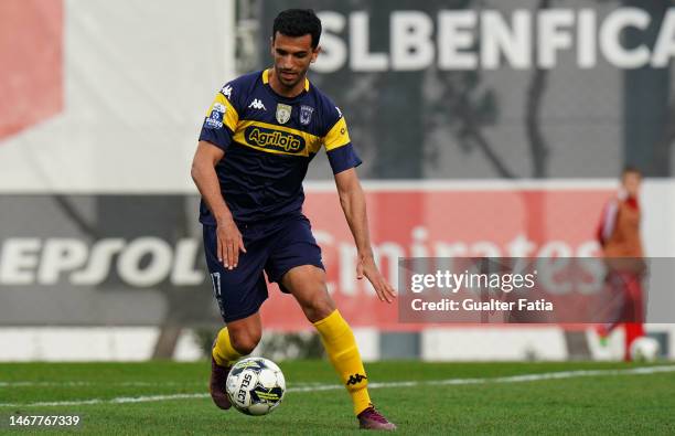 Joao Vieira of SCU Torreense in action during the Liga 2 Sabseg match between SL Benfica B and SCU Torreense at Benfica Campus on February 19, 2023...