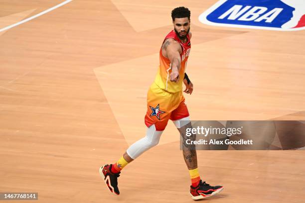 Jayson Tatum of the Boston Celtics reacts during the second half in the 2023 NBA All Star Game between Team Giannis and Team LeBron at Vivint Arena...