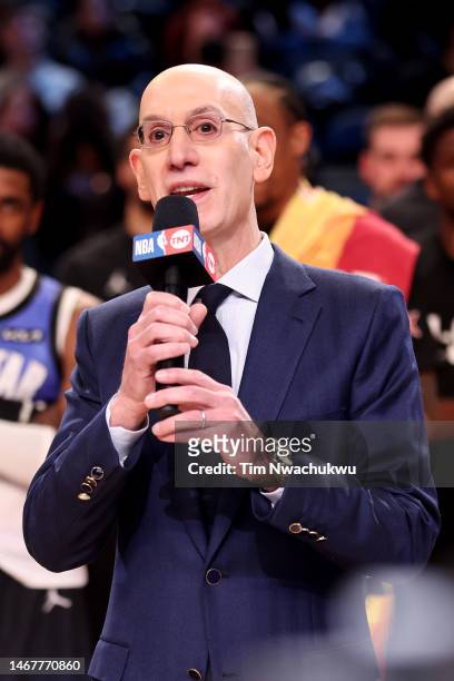 Commissioner Adam Silver talks after the 2023 NBA All Star Game between Team Giannis and Team LeBron at Vivint Arena on February 19, 2023 in Salt...