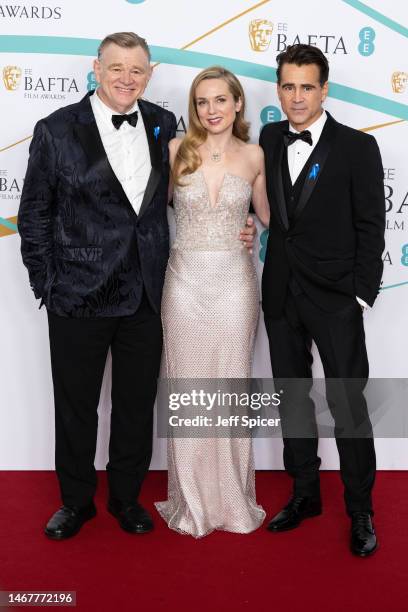 Brendan Gleeson, Kerry Condon and Colin Farrell attend the EE BAFTA Film Awards 2023 at The Royal Festival Hall on February 19, 2023 in London,...