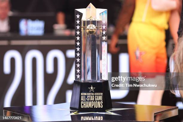 The NBA All-Star Game Champions trophy is displayed after the 2023 NBA All Star Game between Team Giannis and Team LeBron at Vivint Arena on February...