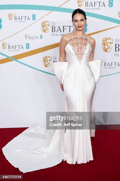 Lily James attends the EE BAFTA Film Awards 2023 at The Royal Festival Hall on February 19, 2023 in London, England.