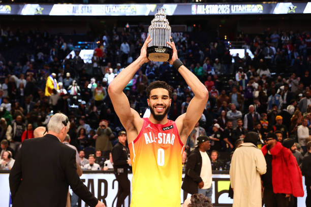 Jayson Tatum of the Boston Celtics holds The Kobe Bryant MVP Trophy after the 2023 NBA All Star Game between Team Giannis and Team LeBron at Vivint...