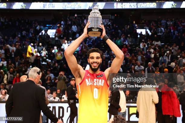 Jayson Tatum of the Boston Celtics holds The Kobe Bryant MVP Trophy after the 2023 NBA All Star Game between Team Giannis and Team LeBron at Vivint...