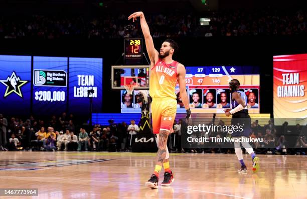 Jayson Tatum of the Boston Celtics reacts to a shot in the 2023 NBA All Star Game between Team Giannis and Team LeBron at Vivint Arena on February...