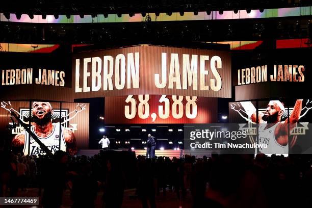 LeBron James of the Los Angeles Lakers is honored as the all-time leading scorer during halftime at the 2023 NBA All Star Game between Team Giannis...