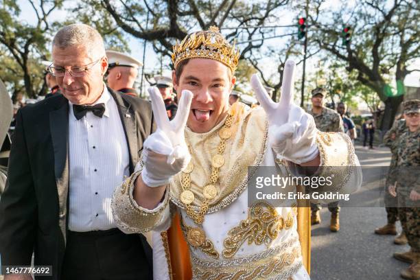 Actor Adam Devine, reigning as Bacchus LIV, arrives at the 2023 Krewe of Bacchus parade on February 19, 2023 in New Orleans, Louisiana.