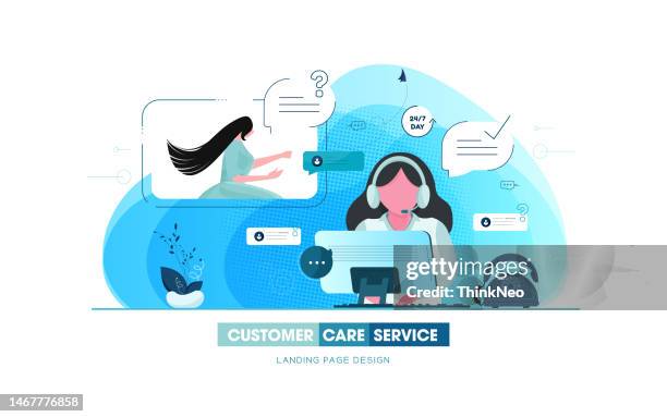 call center operator and customer, support service - it worker white background stock illustrations