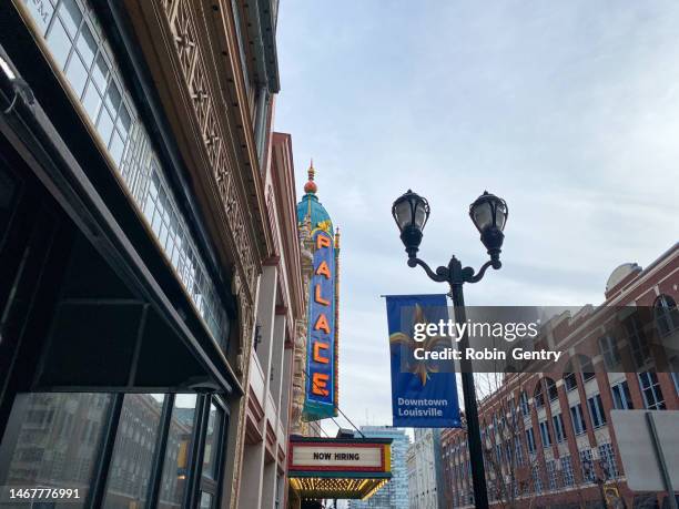 entrance to the louisville palace theater on 4th street in downtown louisville, kentucky - louisville palace stock pictures, royalty-free photos & images