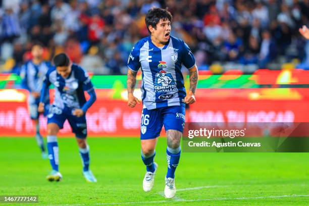 Javier Eduardo Lopez of Pachuca celebrates after scoring the team's first goal during the 8th round match between Pachuca and Tijuana as part of the...