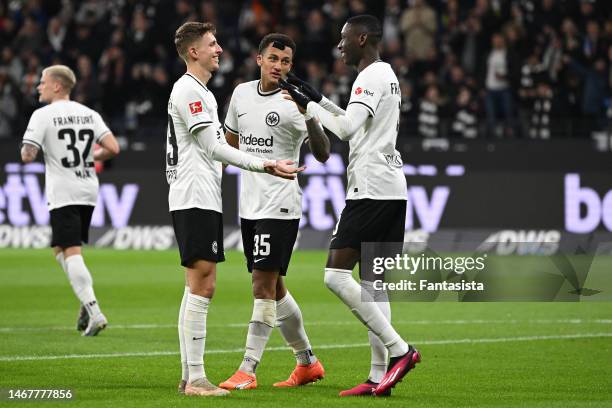 Randal Kolo Muani of Eintracht Frankfurt celebrates scoring his side's second goal during the Bundesliga match between Eintracht Frankfurt and SV...