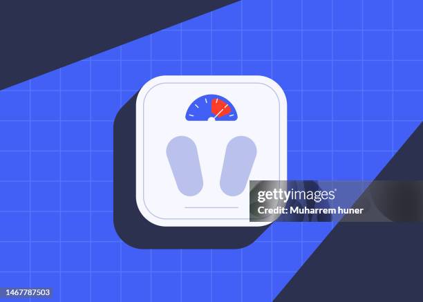 weigh scales on bathroom floor top view. diet concept. - bathroom scales stock illustrations