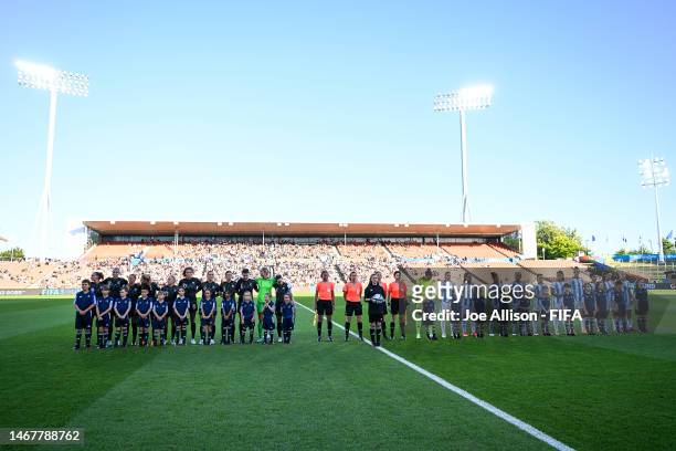 The teams line up for the national anthem ahead of3 the International Friendly Match between New Zealand and Argentina which is part of the 2023 FIFA...