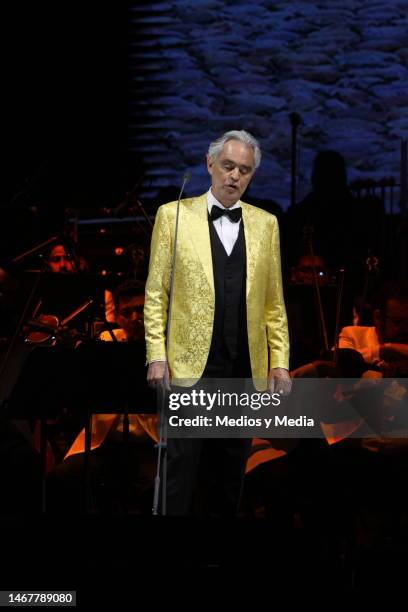 Italian tenor Andrea Bocelli performs during a concert at Campo Marte on February 19, 2023 in Mexico City, Mexico.