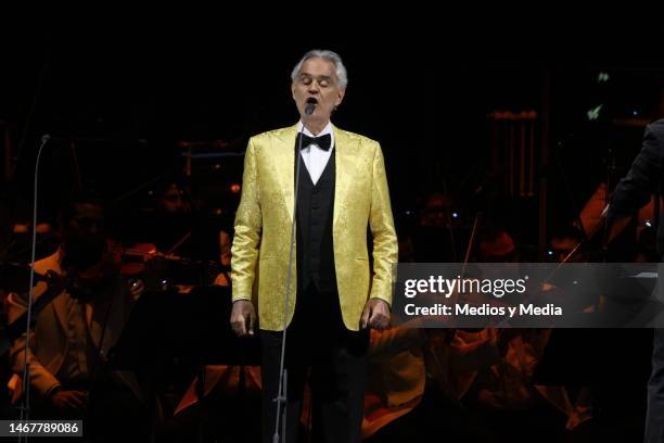 Italian tenor Andrea Bocelli performs during a concert at Campo Marte on February 19, 2023 in Mexico City, Mexico.