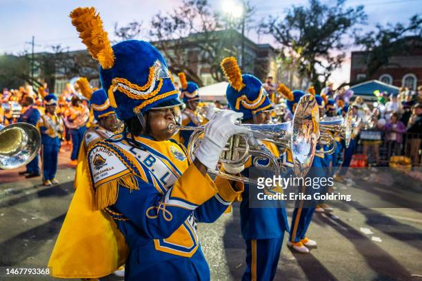 Landry Marching Band participates in the 2023 Krewe of Bacchus parade on February 19, 2023 in New Orleans, Louisiana.