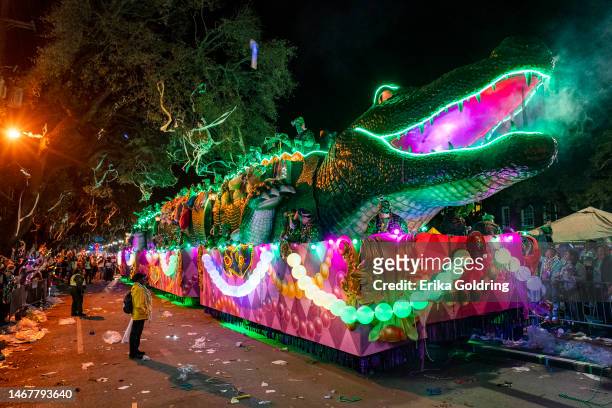 Bacchagator rolls in the 2023 Krewe of Bacchus parade on February 19, 2023 in New Orleans, Louisiana.