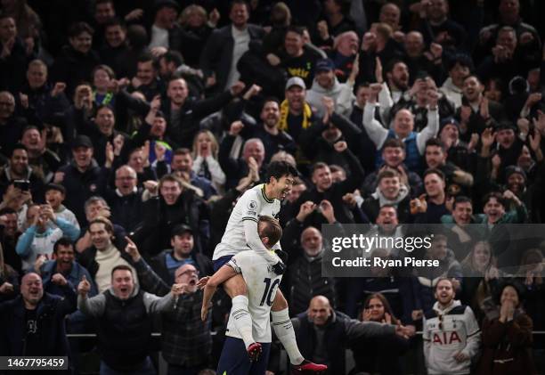 Son Heung-Min of Tottenham Hotspur celebrates after scoring the team's second goal with Harry Kane of Tottenham Hotspur during the Premier League...