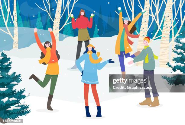 young happy caucasian white family playing snowball fight and having fun in snow in winter. - christmas sweater stock illustrations