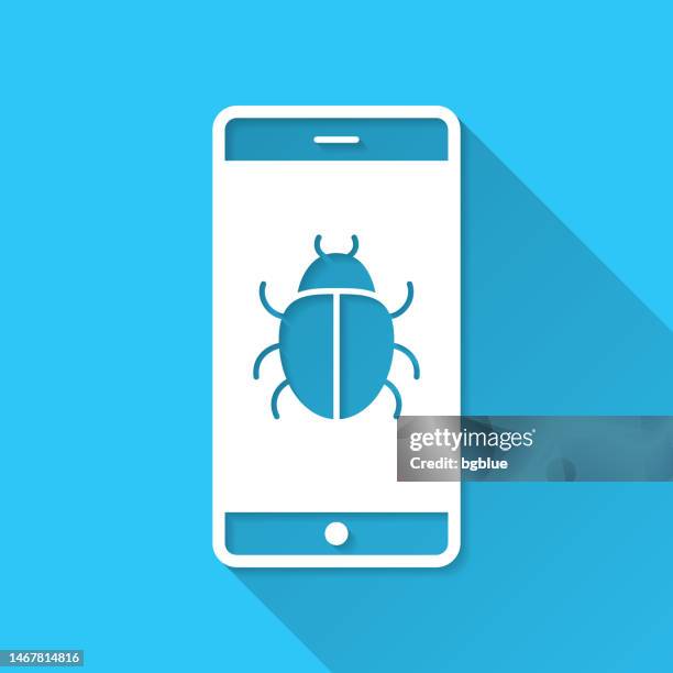 smartphone with bug. icon on blue background - flat design with long shadow - computer virus alert stock illustrations
