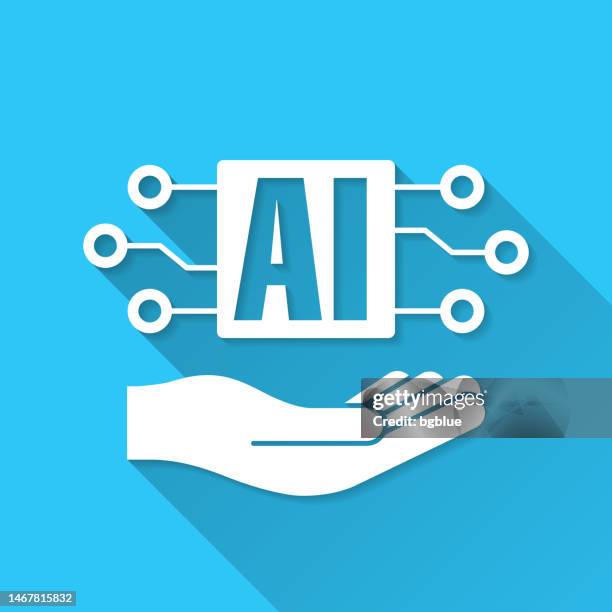 artificial intelligence ai in hand. icon on blue background - flat design with long shadow - holding computer chip stock illustrations