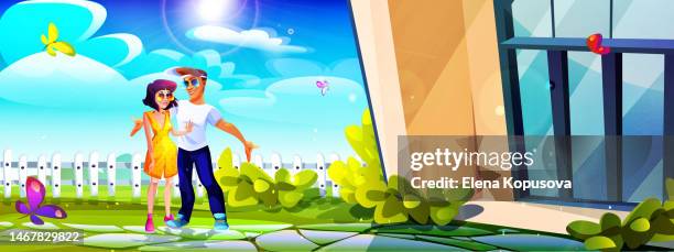 country summer vacation concept in cartoon style. a young couple resting on a plot in front of a house in lush greenery against the backdrop of a sunny summer landscape with butterflies. - private property stock illustrations