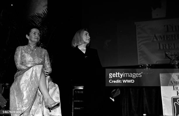 Loretta Brennan and Hillary Rodham Clinton appear osntage during an event at the National Building Museum in Washington, D.C., on March 18, 1996.